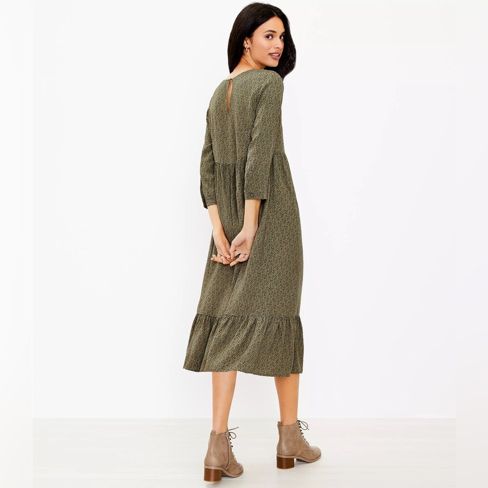 LOFT Olive Midi Dress with Ruffle Hem and 3/4 Sleeves, Medium - Picture 3 of 12